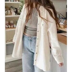 Aerie LumberJane Waffle Knit Button Up Shirt Oversized Cozy Utility Top Small